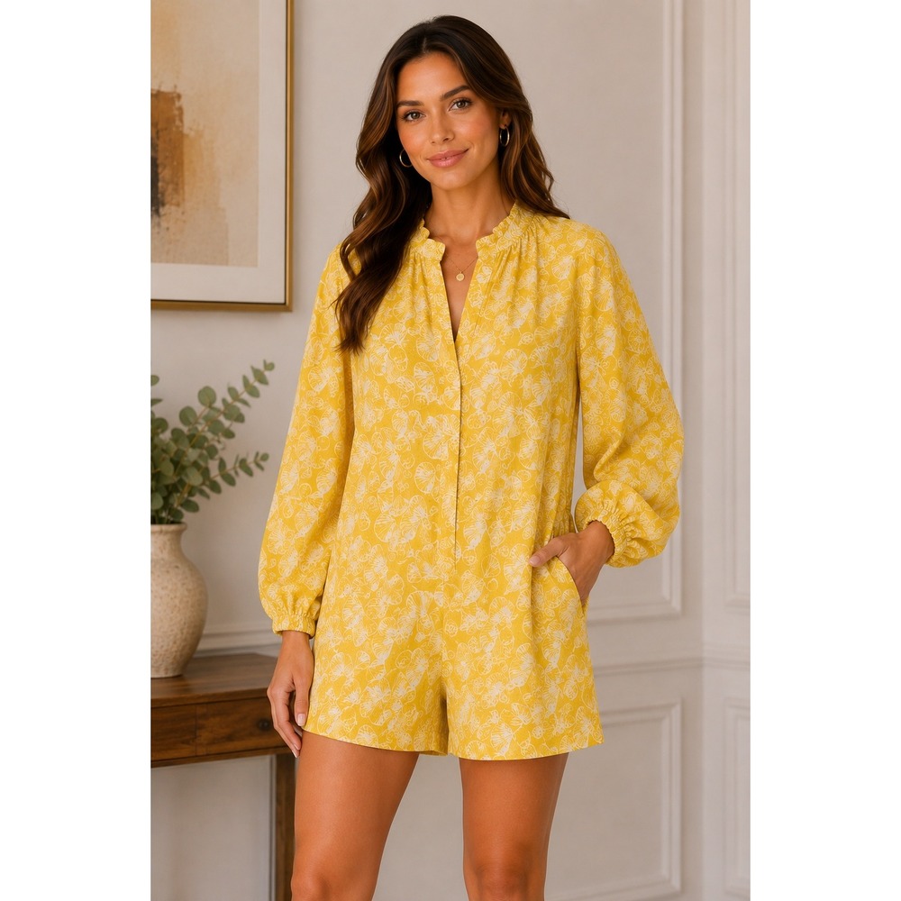 Intimately Free People Yellow Seashell Print Romper Balloon Sleeve Medium